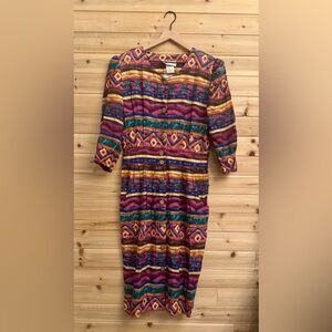 Vintage 80’s Miss Dorby Large Aztec Western Colorful Retro Button Midi Dress